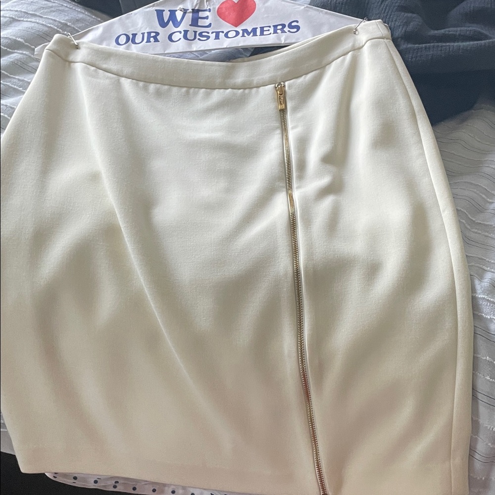 Calvin Klein Cream Pencil Skirt with Asymmetric Gold Zip